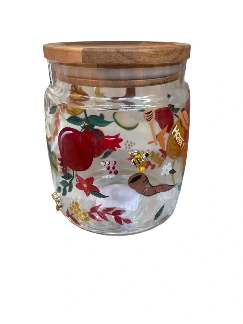 Rosh Hashanah Glass Storage Jar with Wooden Lid – Apple, Honey & Shofar Decor
